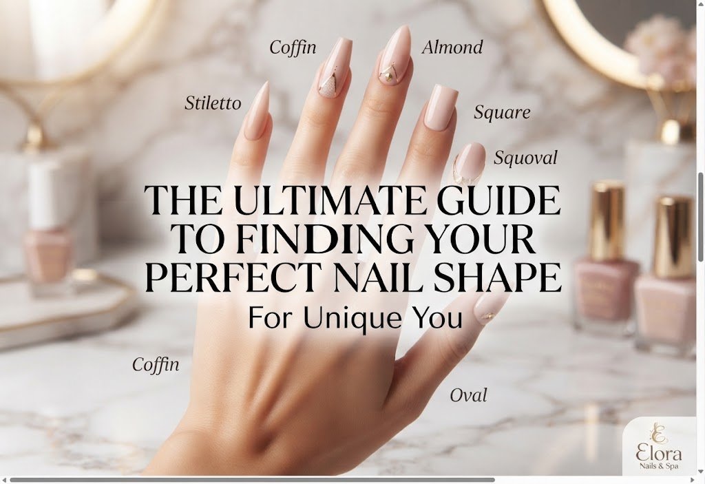 The Ultimate Guide to Finding Your Perfect Nail Shape showing various manicure styles like almond, coffin, and squoval at Elora Nails & Spa.